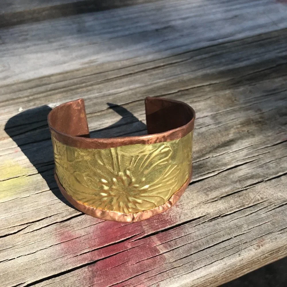 Rustic Brass Copper Cuff Bracelet Wide Floral Cowboy Gift Unisex Rustic Handmade